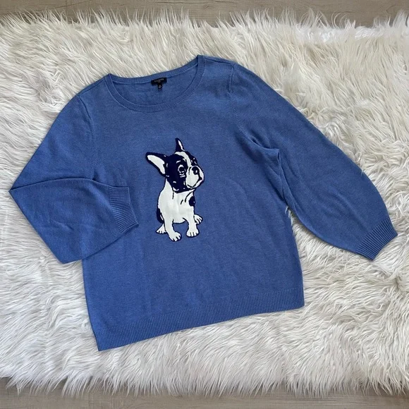 TALBOTS L French Bulldog Crewneck Pullover Sweater Frenchie Parisian French Blue - Picture 7 of 11